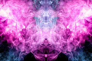 Kalın renkli duman mavi, pembe bir kafatası, canavar, dragon siyah Yalıtılmış zemin şeklinde. Vape duman kökenli. MoCap cool t-shirt için