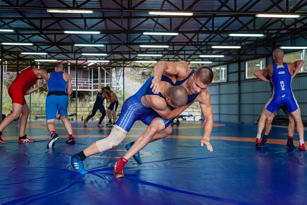 アルタイ ロシア2019年8月16日 レスリングタイツの2人の若い男性がレスリングでレスリングをして ジムの青いレスリングカーペットの上でヒップスローを作っています オープントレーニングとサマースポーツキャンプ — ストック写真