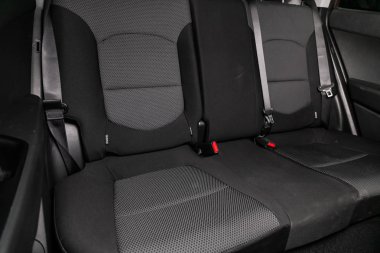 Novosibirsk, Russia  August 01, 2019:   Hyundai Creta, black interior design, car passenger and driver seats with seats belt.  clipart