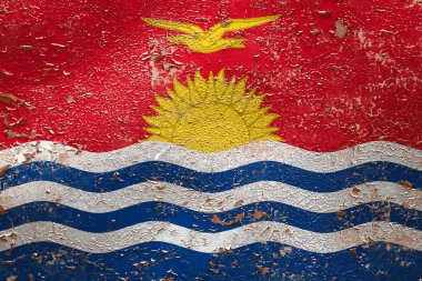 Ulusal Kiribati bayrağı eski kabuk soyucu duvar arkasında. Ulusal gurur kavramı ve ülkenin sembolü..