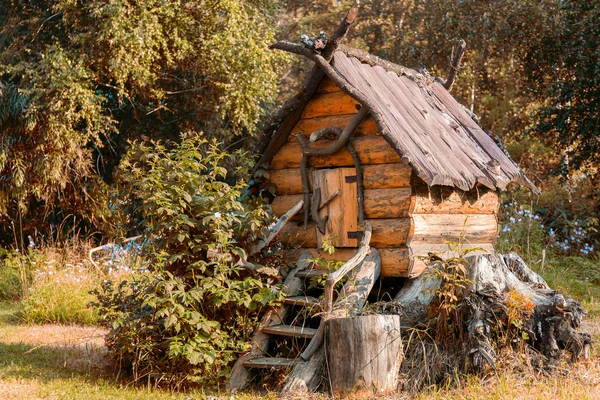 Close Van Een Speelgoed Houten Huis Kippenpoten Tuin Een Groene — Stockfoto