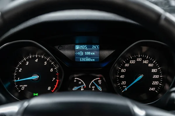 Novosibirsk Russia August 2019 Ford Focus Close Dashboard Speedometer Tachometer — Stock Photo, Image