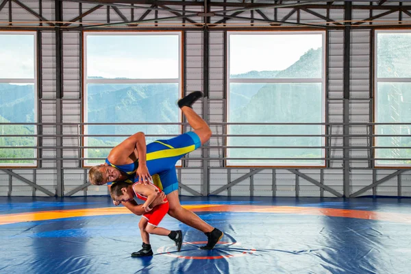 Treinador Wrestler Adulto Ensina Básico Wrestling Cria Menino Para Competir — Fotografia de Stock