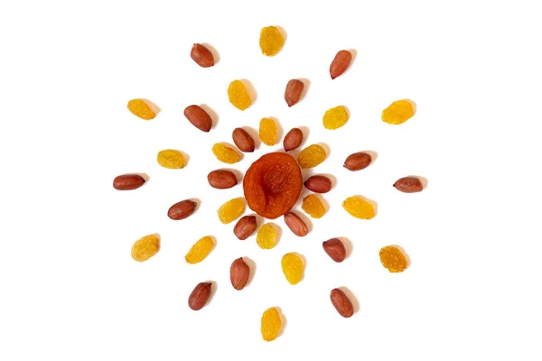 Modèle Noix Raisins Secs Jaunes Abricots Secs Arachides Pelées Sur — Photo