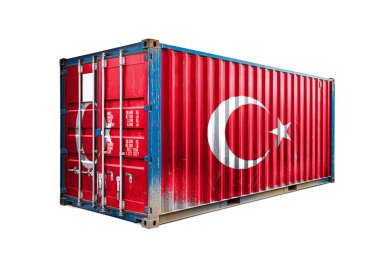  Türkiye'nin ihracat-ithalat, konteyner taşımacılığı ve malların ulusal teslimatı kavramı. Türkiye'nin ulusal bayrağı ile taşıma konteyner, görüş ön