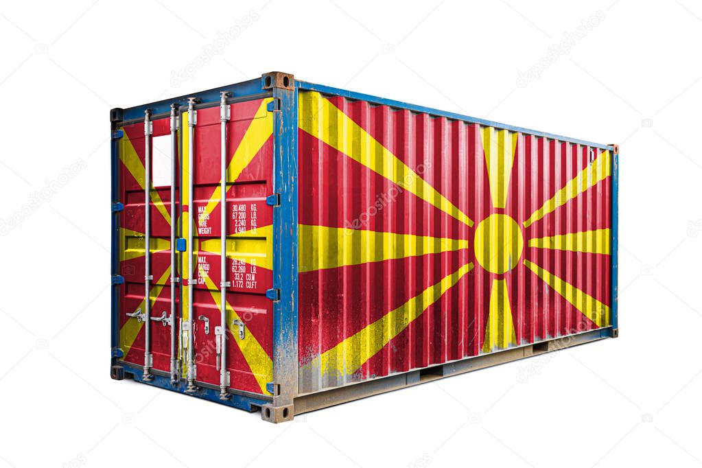  The concept of  Macedonia export-import, container transporting and national delivery of goods. The transporting container with the national flag of Macedonia, view front