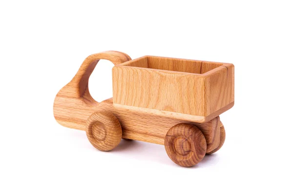 Zdjęcie Drewnianego Samochodu Buku Zabawka Wykonana Drewna Retro Ciężarówki Białym — Zdjęcie stockowe