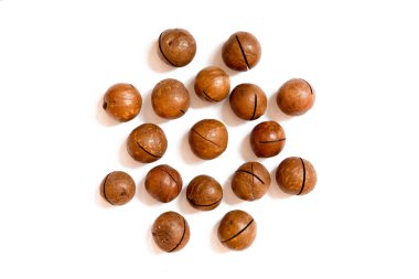 Bir daire şeklinde beyaz bir arka plan üzerinde fındık- kabuk macadamia fındık desen. Dekorasyon, sağlıklı beslenme ve gıda arka plan hakkında kavramlar.