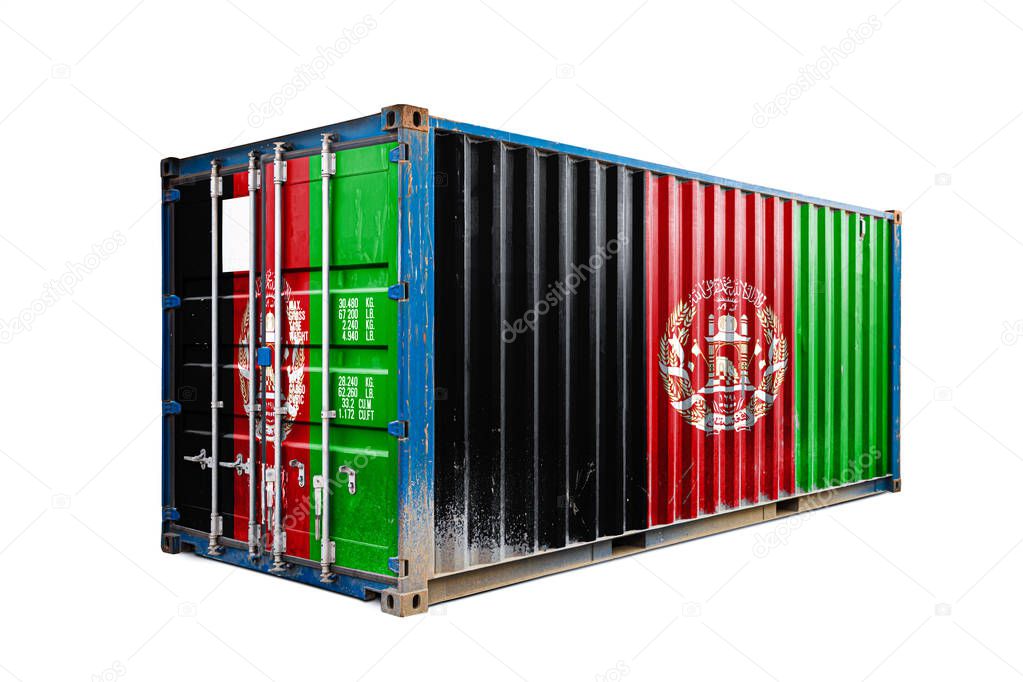  The concept of  Afghanistan export-import, container transporting and national delivery of goods. The transporting container with the national flag of Afghanistan, view front