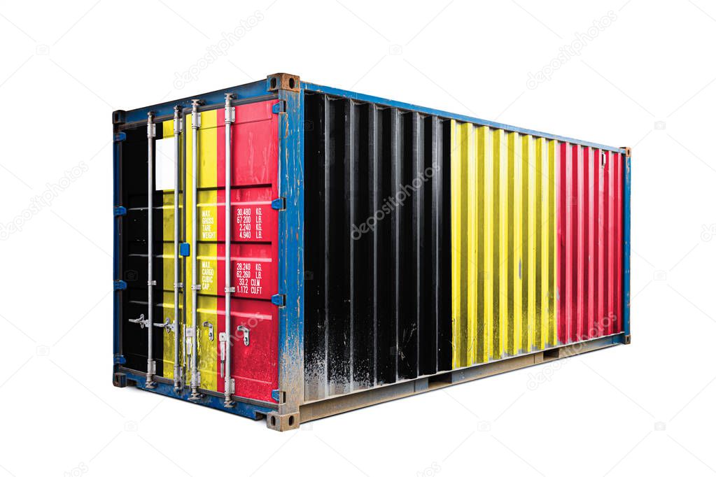  The concept of  Belgium export-import, container transporting and national delivery of goods. The transporting container with the national flag of Belgium, view front