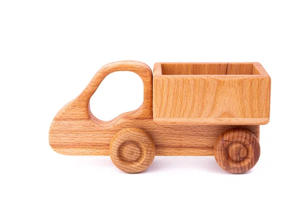 Photo Wooden Car Beech Toy Made Wood Retro Truck White — Stock Photo, Image