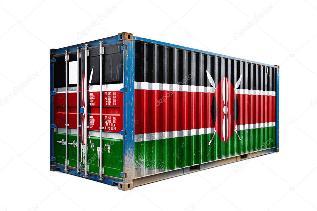  The concept of  Kenya export-import, container transporting and national delivery of goods. The transporting container with the national flag of Keny