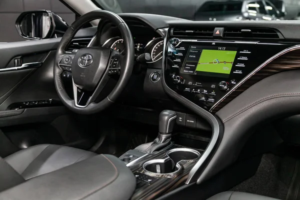 Novosibirsk Rússia Setembro 2019 Toyota Camry Carro Luxo Preto Interior — Fotografia de Stock