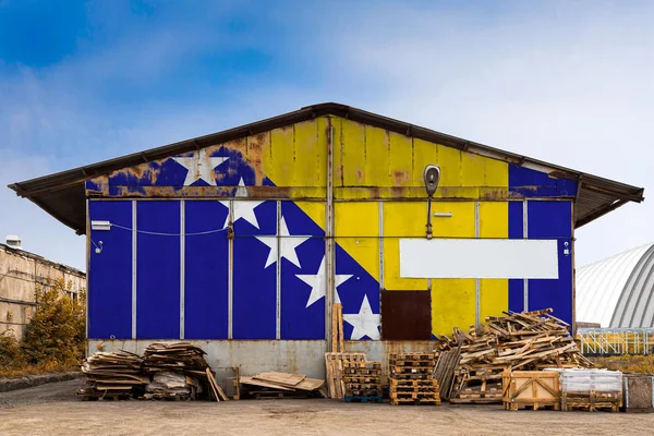 Close National Flag Bosnia Herzegovina Painted Metal Wall Large Warehouse — Stock Photo, Image