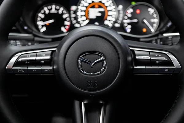 Novoszibirszk Oroszország Szeptember 2019 Mazda Black Luxury Car Interior Műszerfal — Stock Fotó