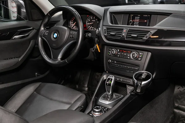 Novosibirsk Russia September 2019 Bmw Black Luxury Car Interior Steering — Stock Photo, Image