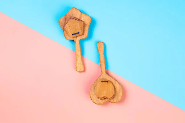 Multi Colored Flat Lay Eco Friendly Wooden Toys Rattles Form — Stock Photo, Image