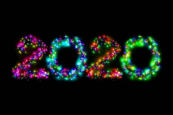 Números Arábicos 2020 Uma Guirlanda Elétrica Multicolorida Fundo Isolado Preto — Fotografia de Stock