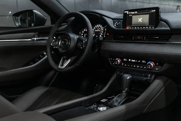Novosibirsk Russia October 2019 Mazda Black Luxury Car Interior Steering — Stock Photo, Image