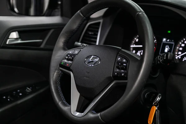 Nowosybirsk Rosja Października 2019 Hyundai Tucson Czarny Luksusowy Samochód Wnętrze — Zdjęcie stockowe