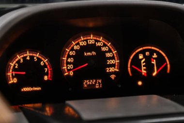 Car dashboard with white  backlight: Odometer, speedometer, tachometer, fuel level, water temperature and mor clipart