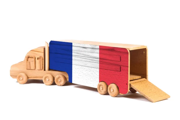 Nahaufnahme Eines Hölzernen Spielzeugwagens Mit Einer Bemalten Französischen Nationalflagge Das — Stockfoto