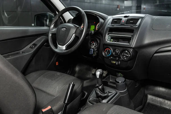 Novosibirsk Rusia Septiembre 2019 Lada Kalina Black Car Interior Volante —  Fotos de Stock