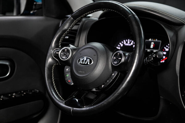 Novosibirsk, Russia  September 29, 2019:  Kia Soul, close-up of the dashboard, speedometer, tachometer and steering wheel. . modern car interior