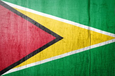 Guyana 'nın ulusal bayrağı eski kıyafetlerin üzerinde boya renkleriyle tasvir ediliyor. Kumaş dokusu arka planında bayrak pankartı.