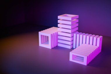 Yakın plan 3D neon illüstrasyon. 3 adet pembe palet koyu bir arka planda farklı bir bakış açısıyla düzenlenmiş. Paralelepipedler şeklinde basit geometrik şekiller