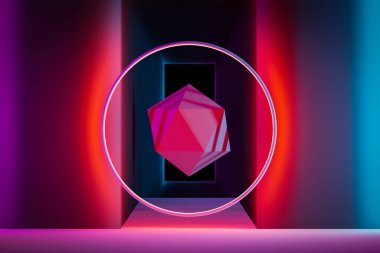 Yakın plan 3D tek renkli neon illüstrasyon. Farklı geometrik şekiller: koridordaki neon halkalardaki kırmızı çokgen. Bir sırada basit geometrik şekiller. Kristal konsept