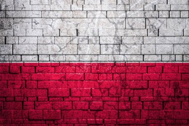 Tuğla duvar arkasında Polonya 'nın ulusal bayrağı. Ulusal gurur kavramı ve ülkenin sembolü. Taş dokusu arka planında bayrak pankartı.