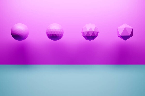 3d monochrome pink illustration: a row of winged balls with many faces. Simple geometric shapes in a row.