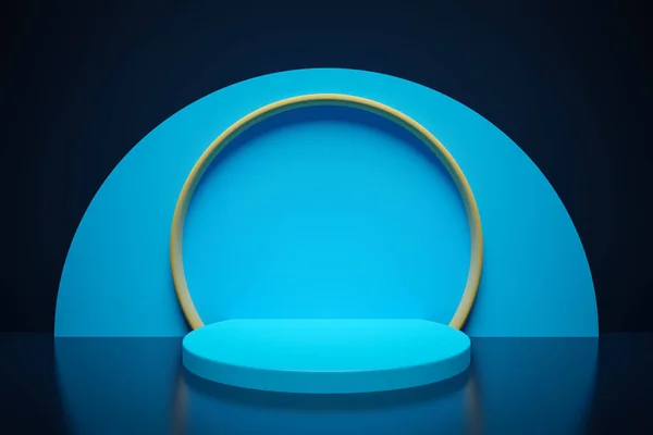 3D rendering. Beautiful geometric arch, gate, portal. Abstract geometric arch on a dark background. Round hole, entrance to the wall with a blue screen.