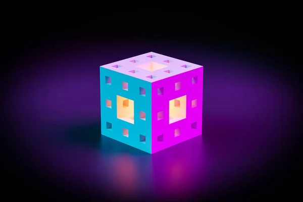 Illustrazione Cubo Neon Con Varie Finestre Luminose Che Brillano Luminosamente — Foto Stock