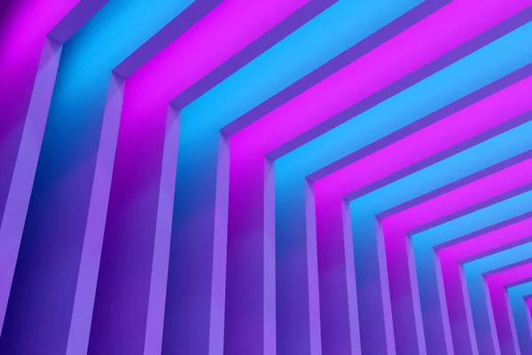 クローズアップ3Dネオンイラスト 青とピンクのネオンフレームの幾何学的なアーチ 直線上の単純な幾何学的形状 — ストック写真
