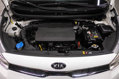 Novosibirsk/ Russia  May 25, 2020:  Kia Picanto, Close up of a clean motor block. Internal combustion engine, car parts, deteyling clipart