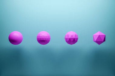 3d tek renkli pembe ve mavi çizim: birçok yüzlü bir dizi kanatlı top. Bir satırda basit geometrik şekiller.