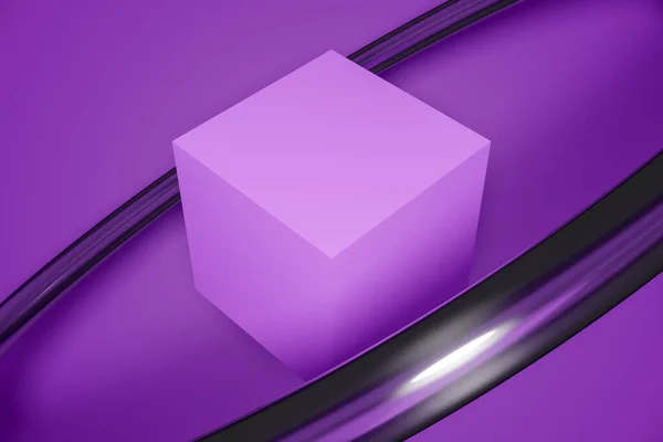 单色背景上的紫色立方体 有元素的背景 工作室 几何形状 — 图库照片