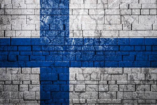 Bandera Nacional Finlandia Sobre Fondo Muro Ladrillo Concepto Orgullo Nacional — Foto de Stock