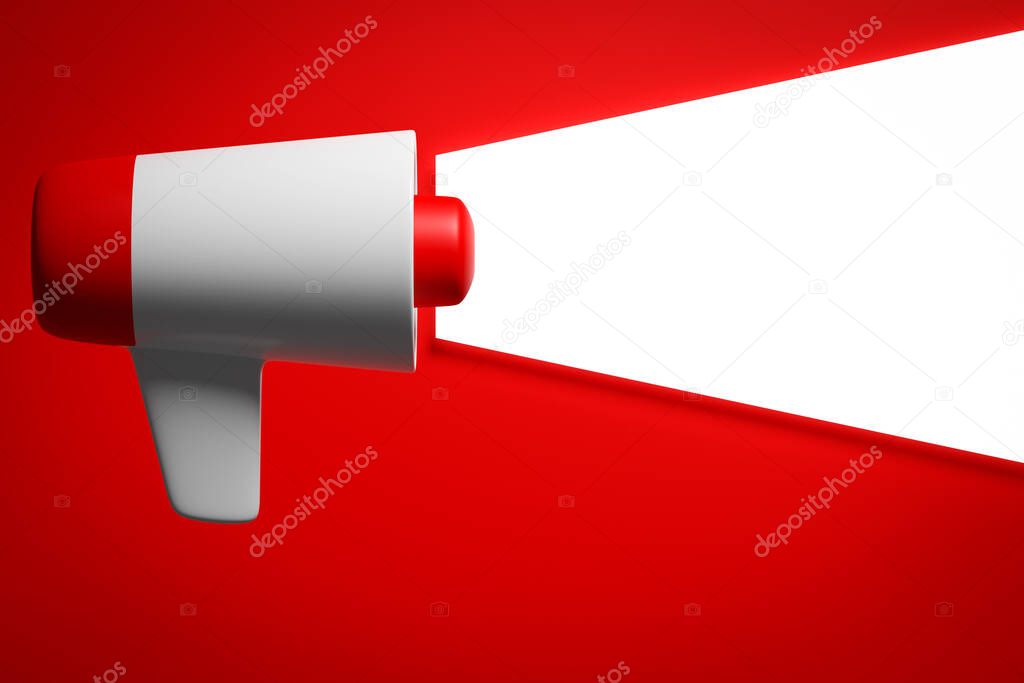 Red and white cartoon loudspeaker on a red monochrome background. 3d illustration of a megaphone. Advertising symbol, promotion concept.