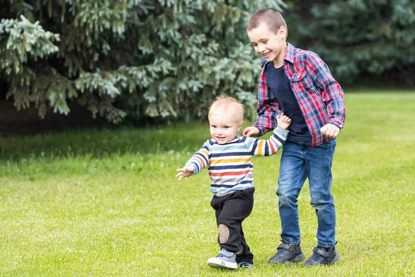 遊び心のある2人の白人兄弟の子供たちは 夏の日に自宅の裏庭の緑の芝生で一緒に遊ぶのを楽しんでいます 弟の幸せな子供時代の概念 弟は弟が歩くのを助ける — ストック写真