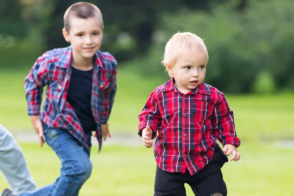遊び心のある2人の白人兄弟の子供たちは 夏の日に自宅の裏庭の緑の芝生で一緒に遊ぶのを楽しんでいます 弟の幸せな子供時代のコンセプト — ストック写真