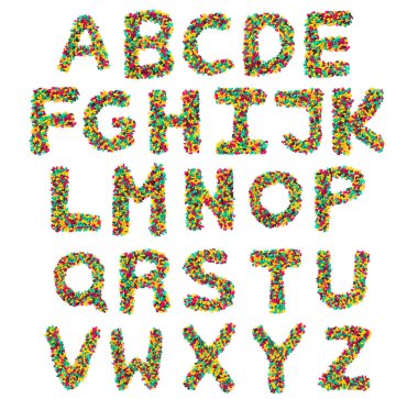  Beyaz izole edilmiş arka planda bulunan çok renkli yuvarlak çikolatalardan oluşan İngiliz alfabesi. Çocuk şekerinden yapılmış yemek deseni. Çocuklar için parlak alfabe tasarımı