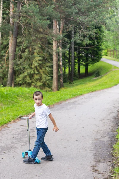 白いTシャツとジーンズを着た小さな男の子がスクーターに乗って 公園の道に沿って彼の両親に質問で好転しました — ストック写真