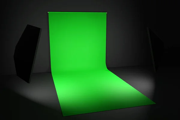 Representación Photostudio Con Equipamiento Estudio Fondo Verde Para Fotografía Flashes — Foto de Stock