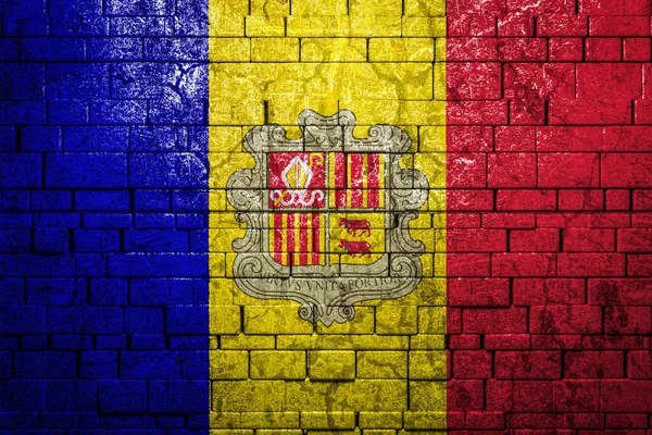 Bandiera Nazionale Andorra Sfondo Muro Mattonello Concetto Orgoglio Nazionale Simbolo — Foto Stock