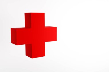 Beyaz izole edilmiş arka planda büyük hacimli bir kırmızı haçın 3 boyutlu çizimi. Nitelikli doktorların hastalarına ilk yardım konsepti
