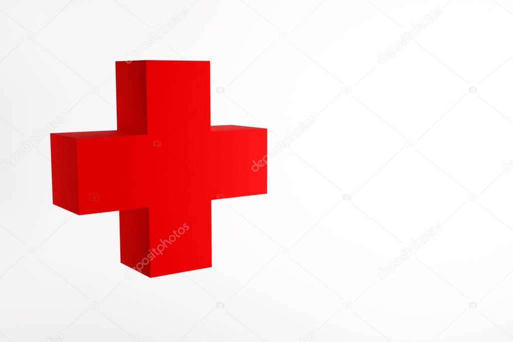 3D illustration of a large volumetric red cross on a white isolated background. The concept of first aid to patients from qualified doctors