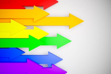 Beyaz arka planda LGBT topluluk bayrağının 3D çizimi. LGBT topluluğunun konsepti, gurur. İleri hareket gösteren oklar